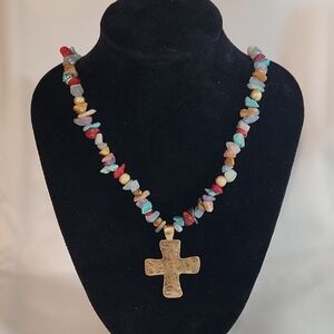 Multicolor Stone Necklace with Gold Cross Pendant